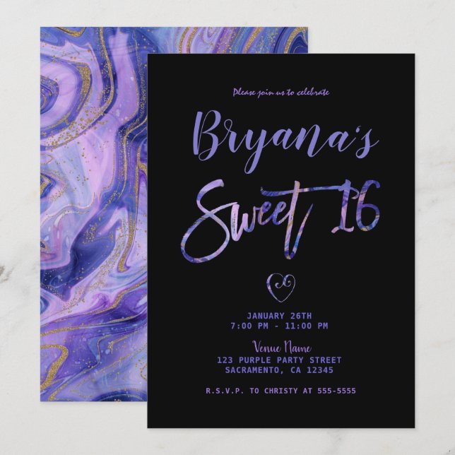 Invitation Marbre d'or violet Noir Chic Glam Sweet 16 Partie (Devant / Derrière)