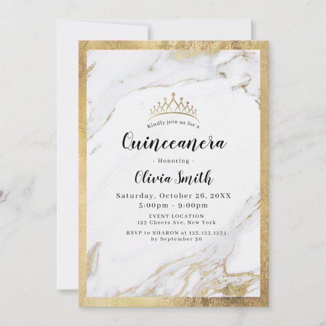 Invitation Marbre doré faux moderne Quinceanera (Devant)