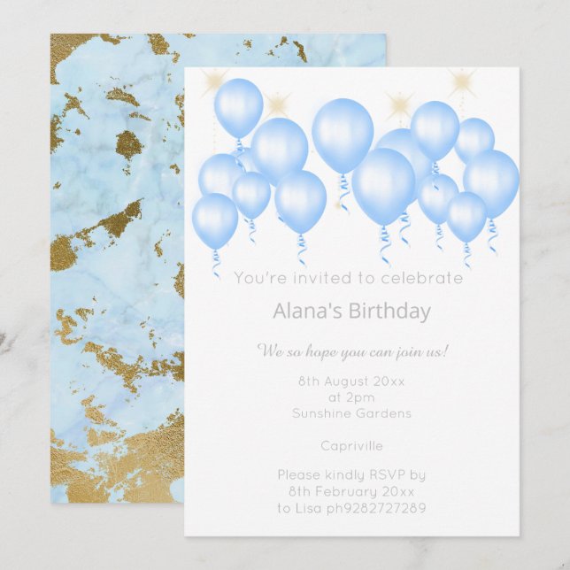 INVITATION MARBRE ÉLÉGANT BALLON BLEU ANNIVERSAIRE (Devant / Derrière)