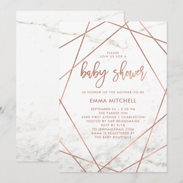 Invitation Marbre et Faux Rose Baby shower géométrique (Devant / Derrière)