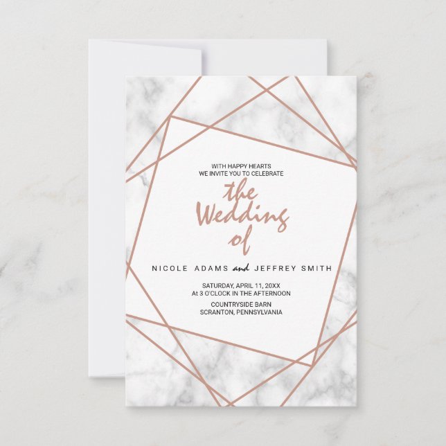 Invitation Marbre et Faux Rose Gold Mariage géométrique Invit (Devant)