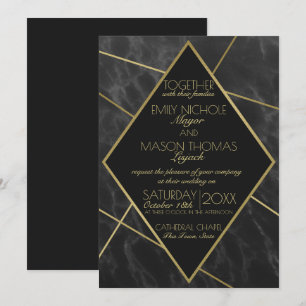 Invitation Marbre et or Art déco Mariage géométrique ardoise