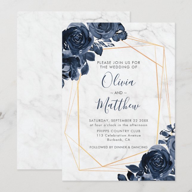 Invitation Marbre Géométrique Bleu Rose Mariage (Devant / Derrière)