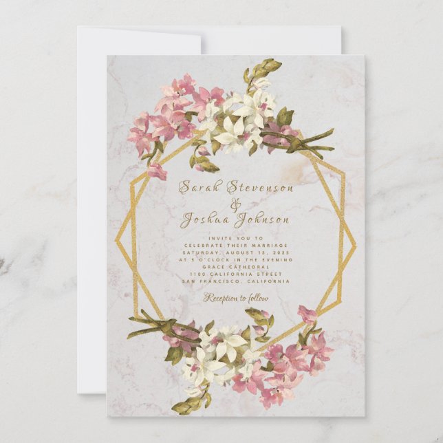 Invitation Marbre géométrique floral Mariage or et fleurs (Devant)