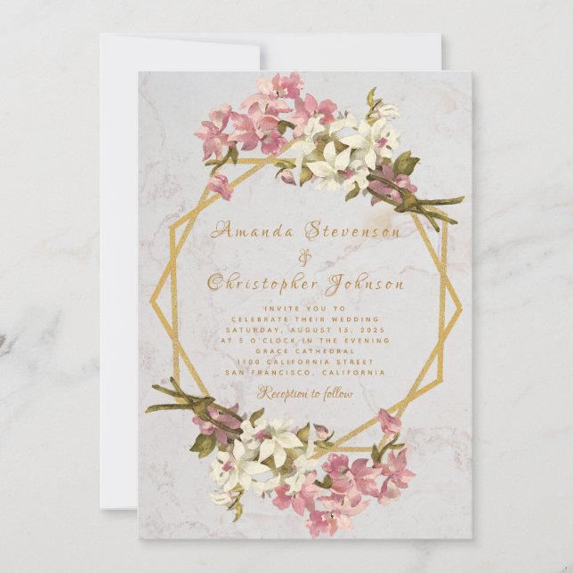 Invitation Marbre géométrique floral Mariage or et orchidées (Devant)