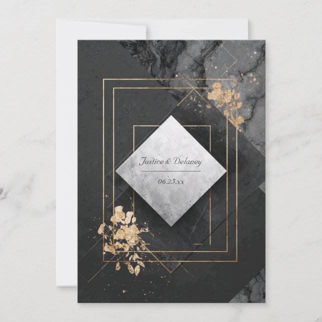 Invitation Marbre géométrique noir et or Mariage (Devant)