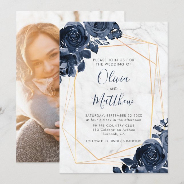 Invitation Marbre Géométrique Rose Bleu Or Photo Mariage (Devant / Derrière)