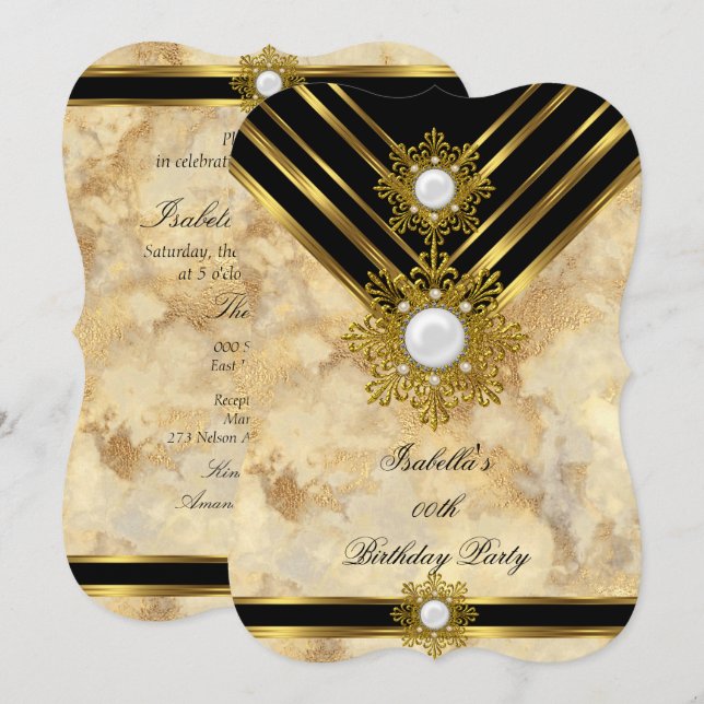 Invitation Marbre Gold Pearl Beige Noir fête d'anniversaire (Devant / Derrière)