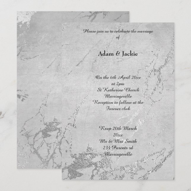 Invitation Marbre gris argenté Imprimer Mariage simple (Devant / Derrière)