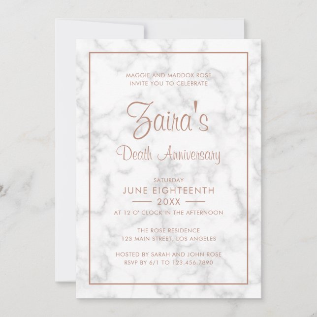 Invitation Marbre gris moderne Rose or Anniversaire de la mor (Devant)