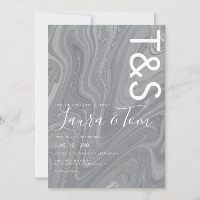 Invitation Marbre Liquide Gris Agate Typographie Mariage Invi (Devant)