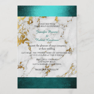 Invitation Marbre mariage blanc gris doré vert Turquoise