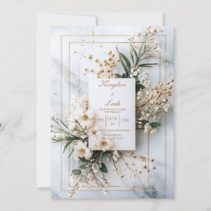 Invitation Marbre moderne & Mariage Floral Or