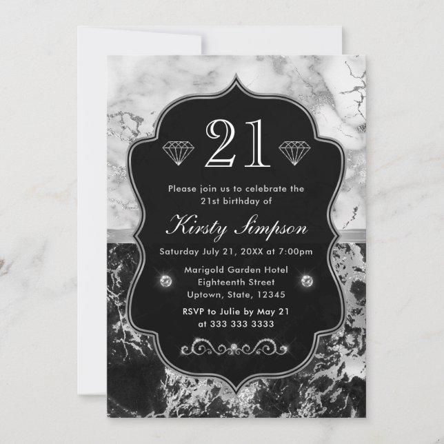 Invitation Marbre moderne noir, blanc et argent Anniversaire (Devant)