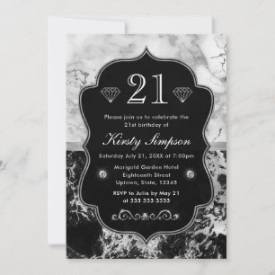 Invitation Marbre moderne noir, blanc et argent Anniversaire