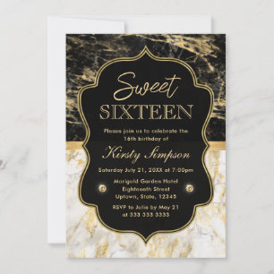 Invitation Marbre moderne noir, blanc et or doux 16