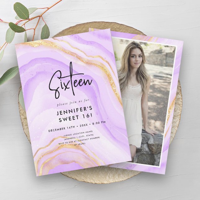 Invitation Marbre moderne violet ombre photo Sweet 16 (Modern Purple Ombre Marble Photo Sweet 16 Invitation)