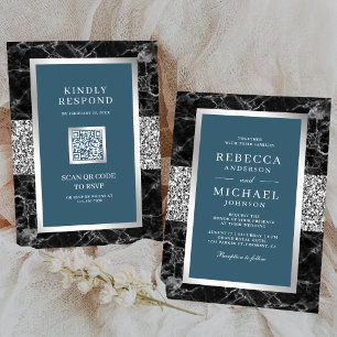 Invitation Marbre noir Argent Dusty Bleu QR Code Mariage