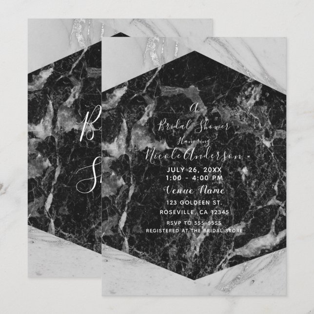 Invitation Marbre noir blanc et argent Fête des mariées moder (Devant / Derrière)
