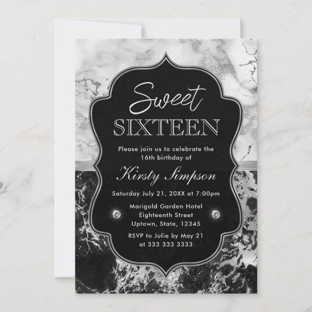 Invitation Marbre noir, blanc et argent moderne Sweet 16 (Devant)