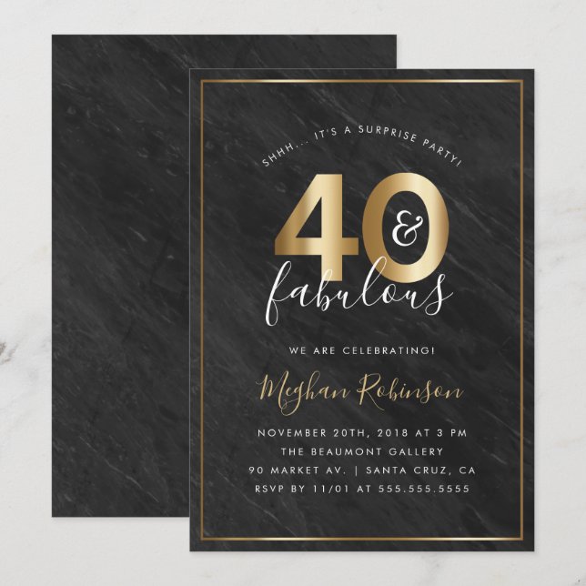 Invitation Marbre noir et Gold Surprise 40e anniversaire (Devant / Derrière)