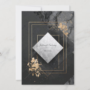 Invitation Marbre Noir Feuille D'Or Béton Géométrique Diamant