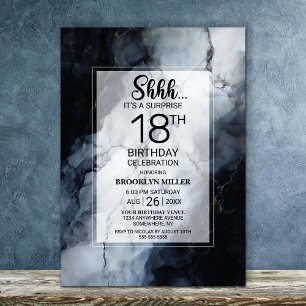 Invitation Marbre noir moderne Surprise 18e fête d'anniversai