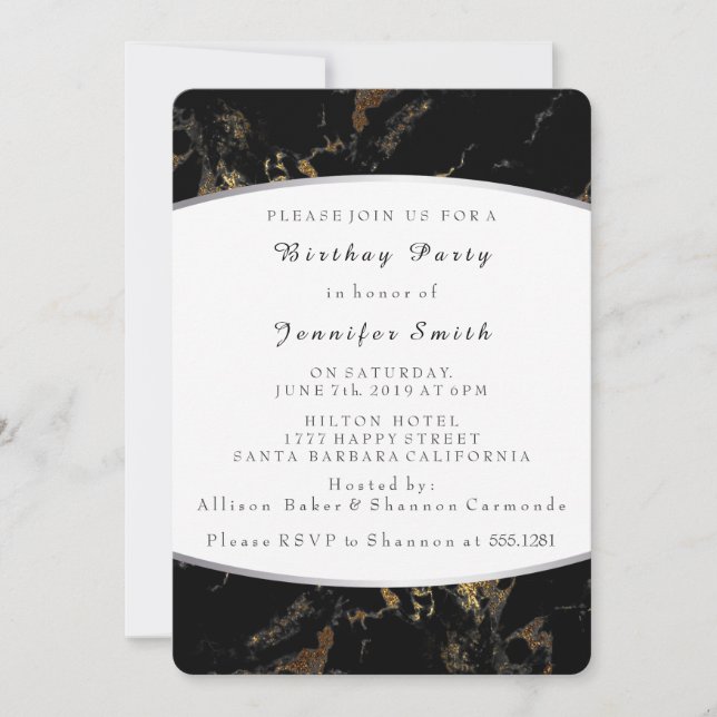 Invitation Marbre Noir Or Anniversaire Fête Argent (Devant)