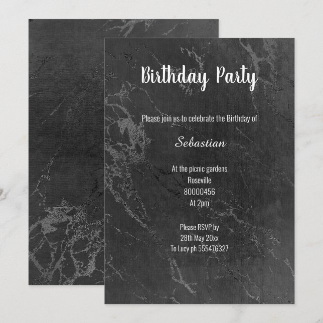 INVITATION MARBRE NOIR SIMPLE TOUTE OCCASION ANNIVERSAIRE (Devant / Derrière)