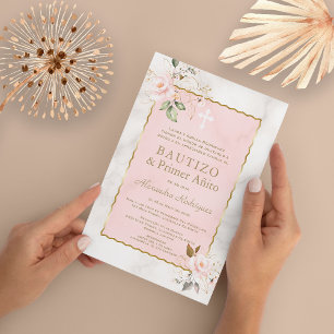 Invitation Marbre rose floral espagnol 1er anniversaire Baptê