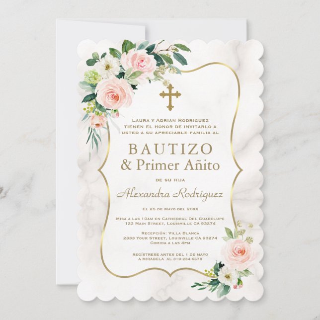 Invitation Marbre rose floral espagnol 1er anniversaire Baptê (Devant)