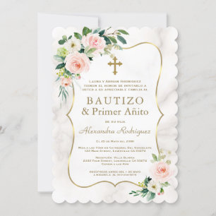 Invitation Marbre rose floral espagnol 1er anniversaire Baptê