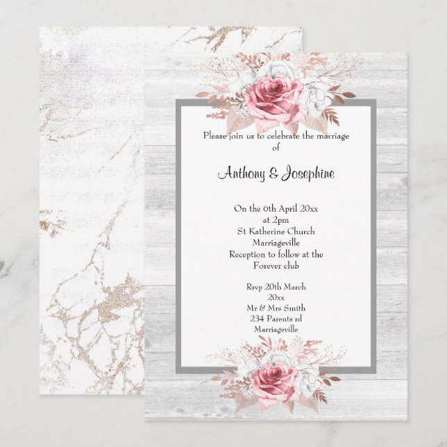 Invitation Marbre rose Floral MARIAGE rustique (Devant / Derrière)