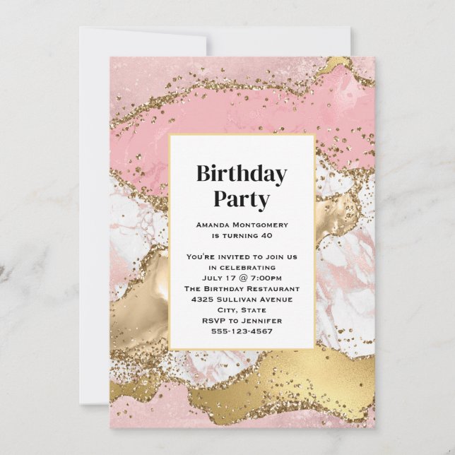 Invitation Marbre rose or rose Abstrait Anniversaire (Devant)