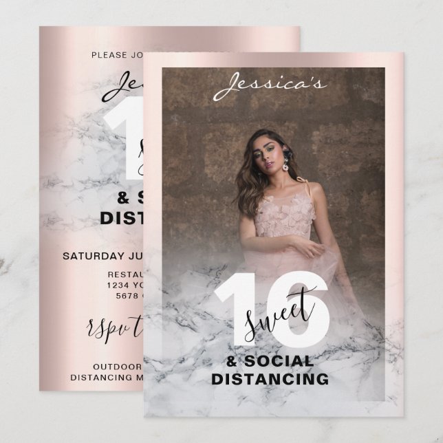 Invitation Marbre rose or Rose Sweet 16 Birthday Photo Chic (Devant / Derrière)