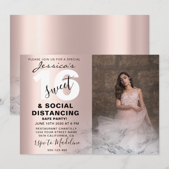 Invitation Marbre rose or Rose Sweet 16 Birthday Photo Chic (Devant / Derrière)