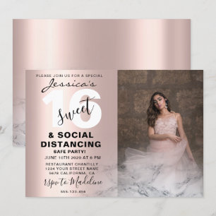 Invitation Marbre rose or Rose Sweet 16 Birthday Photo Chic