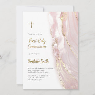 Invitation marbre rose   Première communion fille