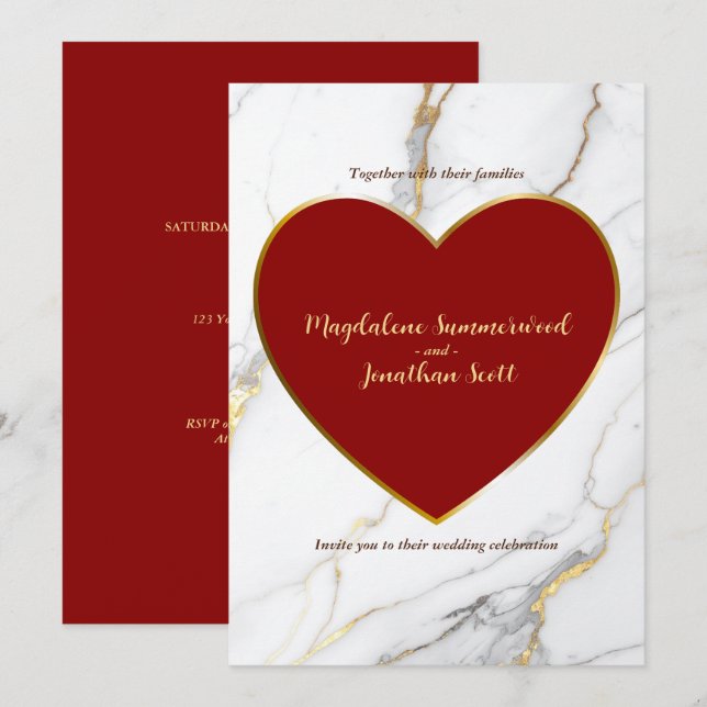 Invitation Marbre rouge moderne et Mariage d'accents or (Devant / Derrière)