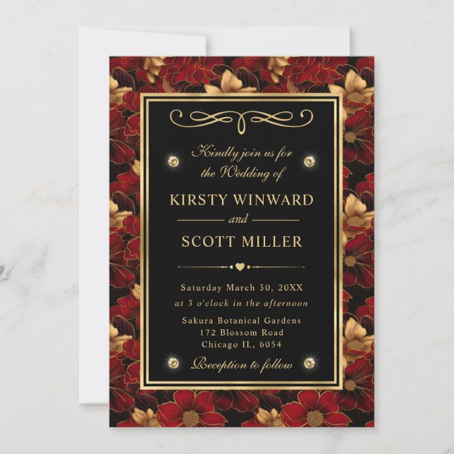 Invitation Marbre rouge noir et or Mariage floral (Devant)