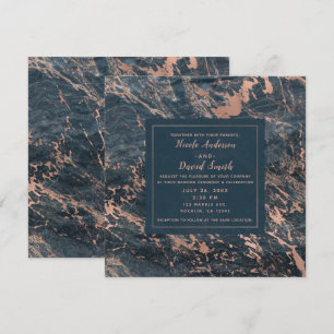 Invitation Marbre Rustique Brumeux Bleu et Rose Gold Rose Gla
