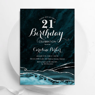 Invitation Marbre turquoise Argent Agate 21e anniversaire