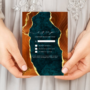 Invitation Marbre turquoise, Orange Brûlé & Or Agate RSVP