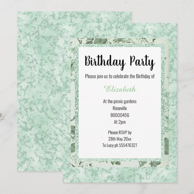 Invitation Marbre vert Mint Parties scintillant Florale Anniv (Devant / Derrière)