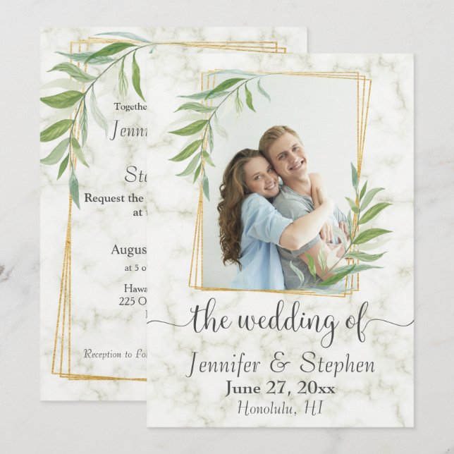 Invitation Marbre vert or Mariage photo géométrique (Devant / Derrière)