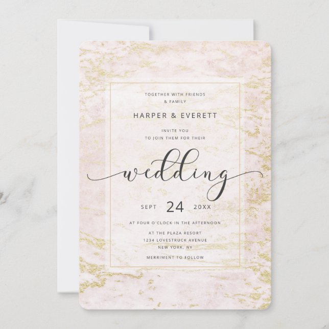 Invitation Marbres modernes en Blush avec Mariage Gold Foil (Devant)