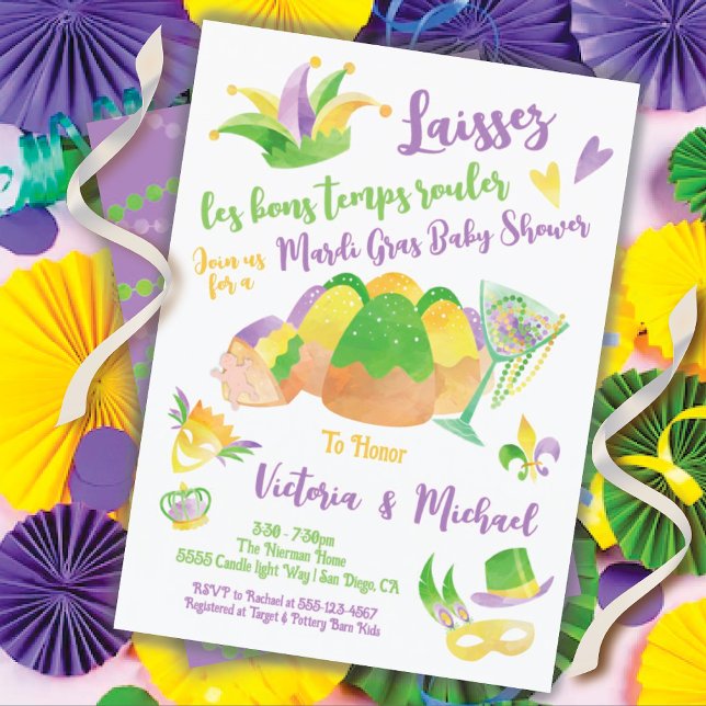 Invitation Mardi Gras Baby shower aquarelle King Cake (Créateur téléchargé)