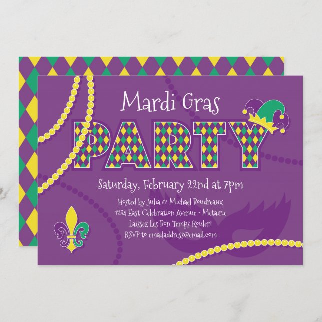 Invitation Mardi Gras Beads (Devant / Derrière)