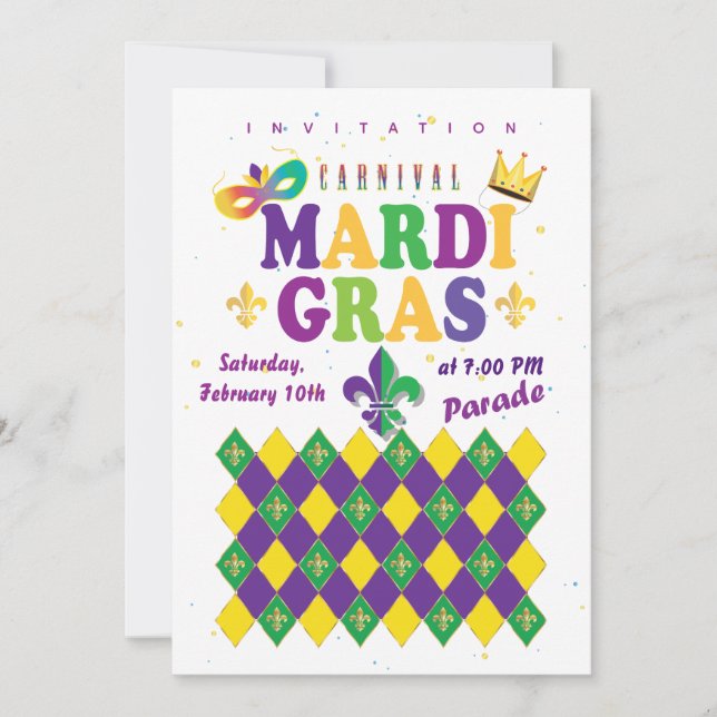 Invitation Mardi Gras Carnaval Fleur de Lis Diamant Arlequin (Devant)
