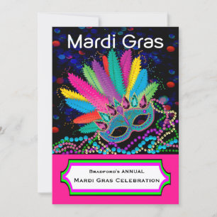Invitation MARDI GRAS Célébration, Masque, Perles, Colorée
